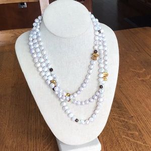 Very pale blue Pearl, smoky Quartz,and rough Quartz three strand necklace